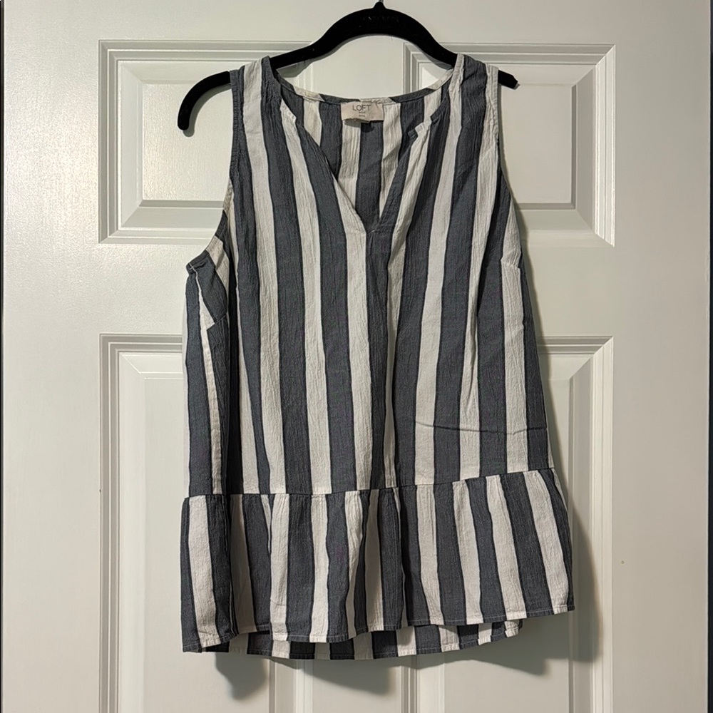 LOFT White and Blue Sleeveless Peplum Blouse